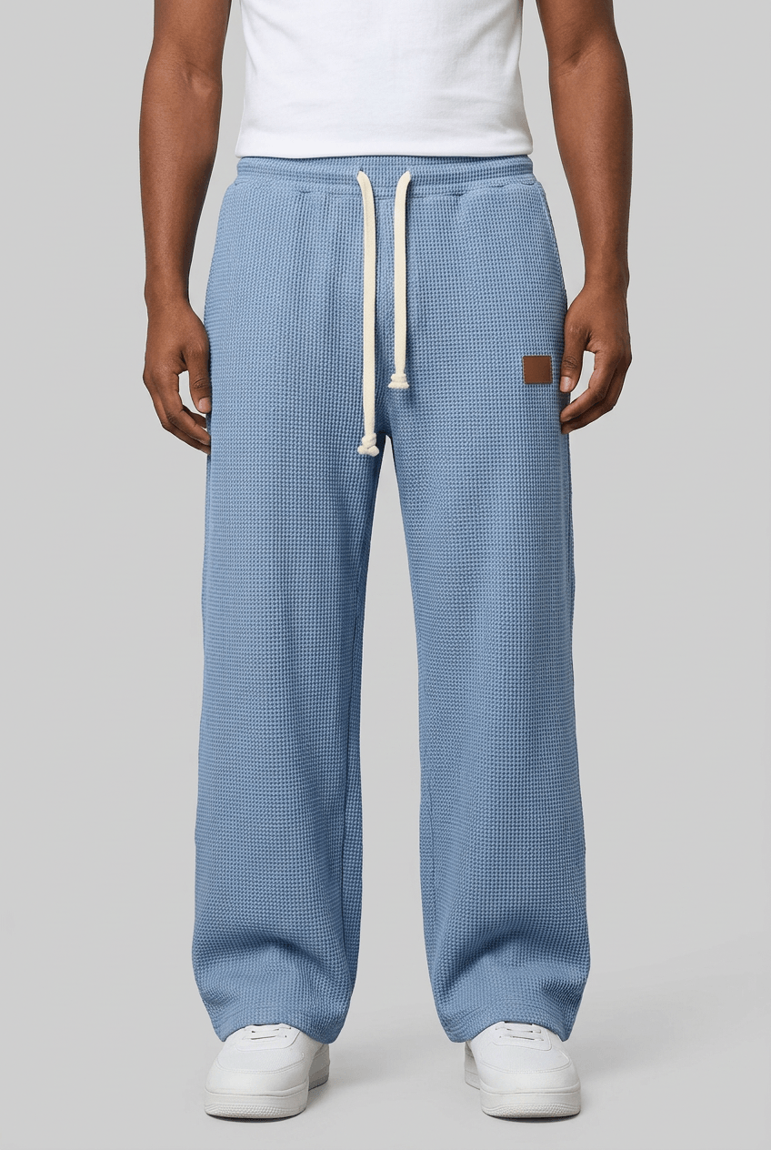 Men's Wide Leg Trousers | Waffle Texture & Drawstring Waist
