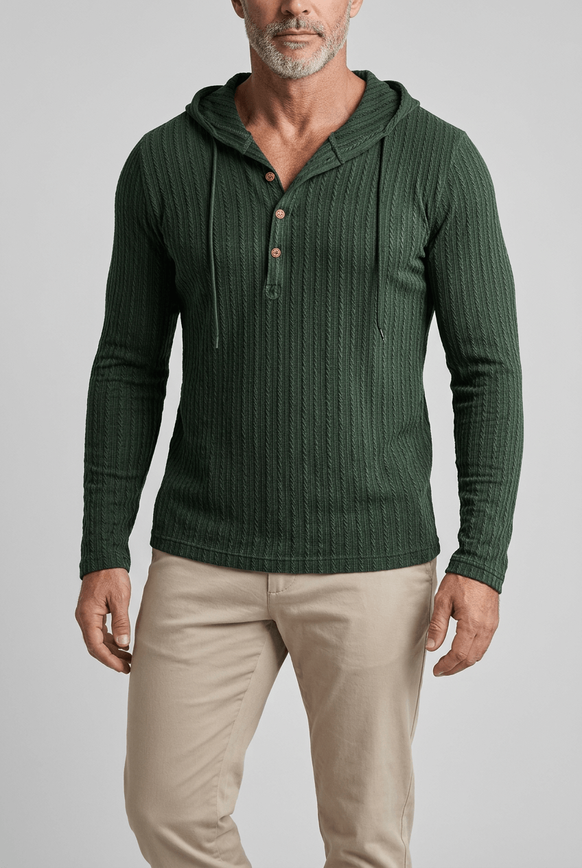 Men's Hooded Cable Knit Henley | Button Placket