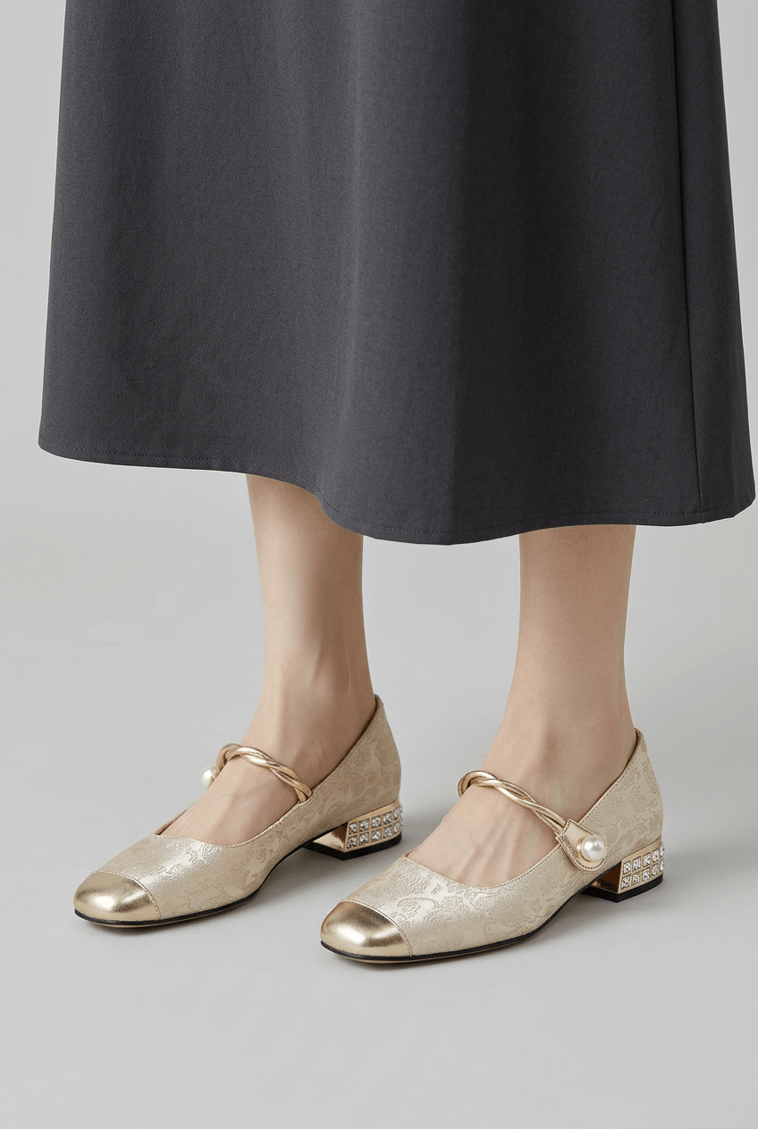 Women's Mary Jane Shoes | Pearl Buckle Strap & Gold Cap Toe