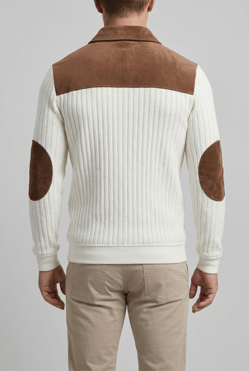Men's Quarter Zip Pullover | Stand Collar, Contrast Shoulders and Elbow Patches