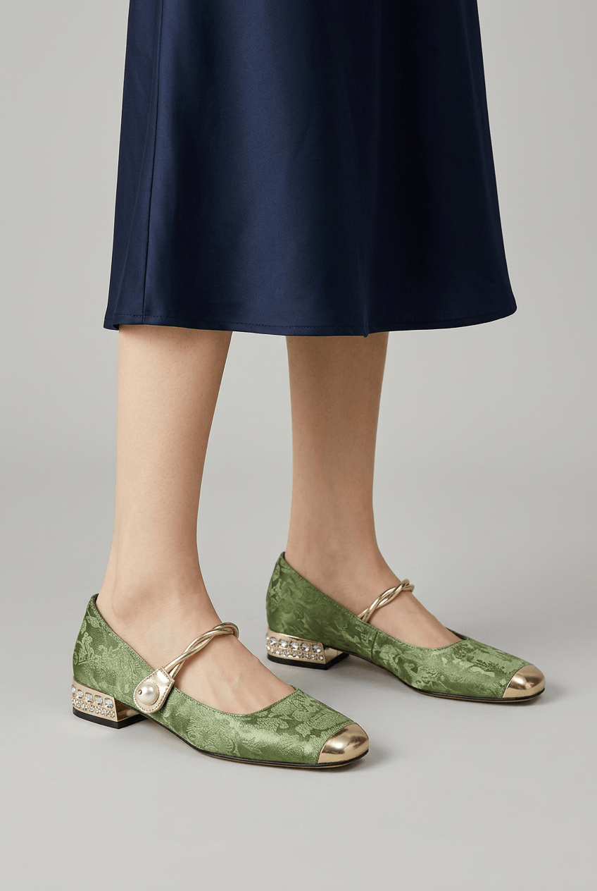 Women's Mary Jane Shoes | Pearl Buckle Strap & Gold Cap Toe