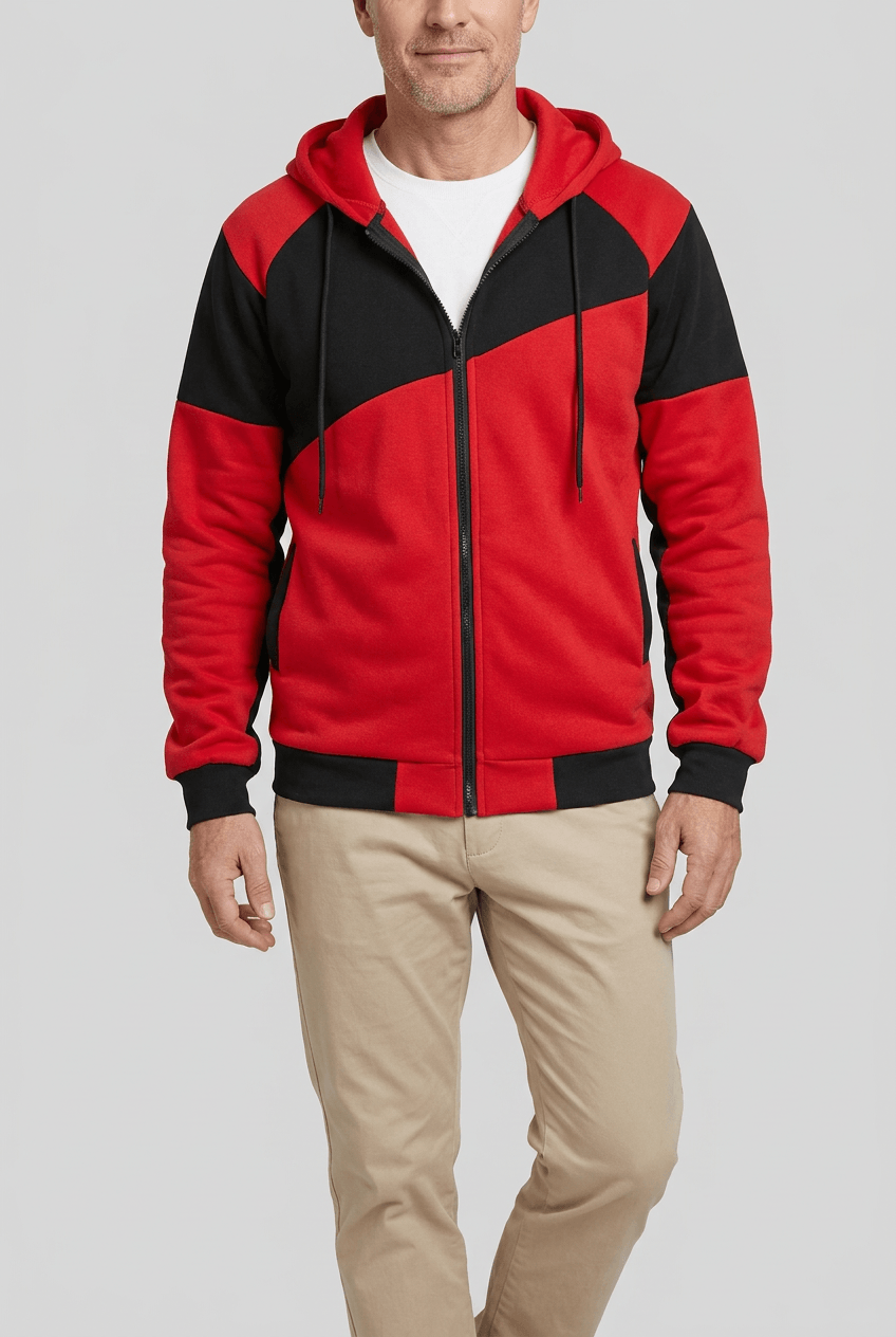 Men's Zip-Up Hoodie | Colour Block Panels & Drawstring Hood