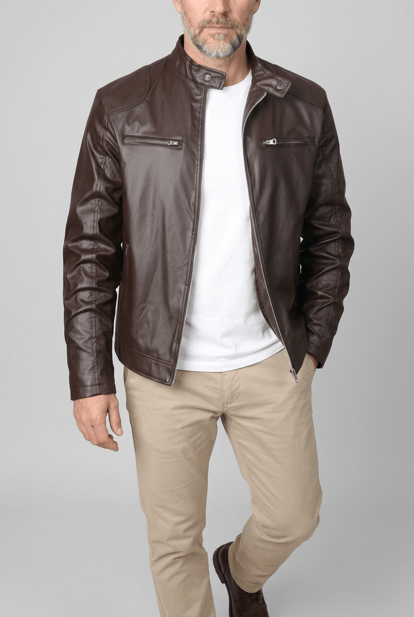 Men's Faux Leather Racer Jacket | Stand Collar and Zip Pockets