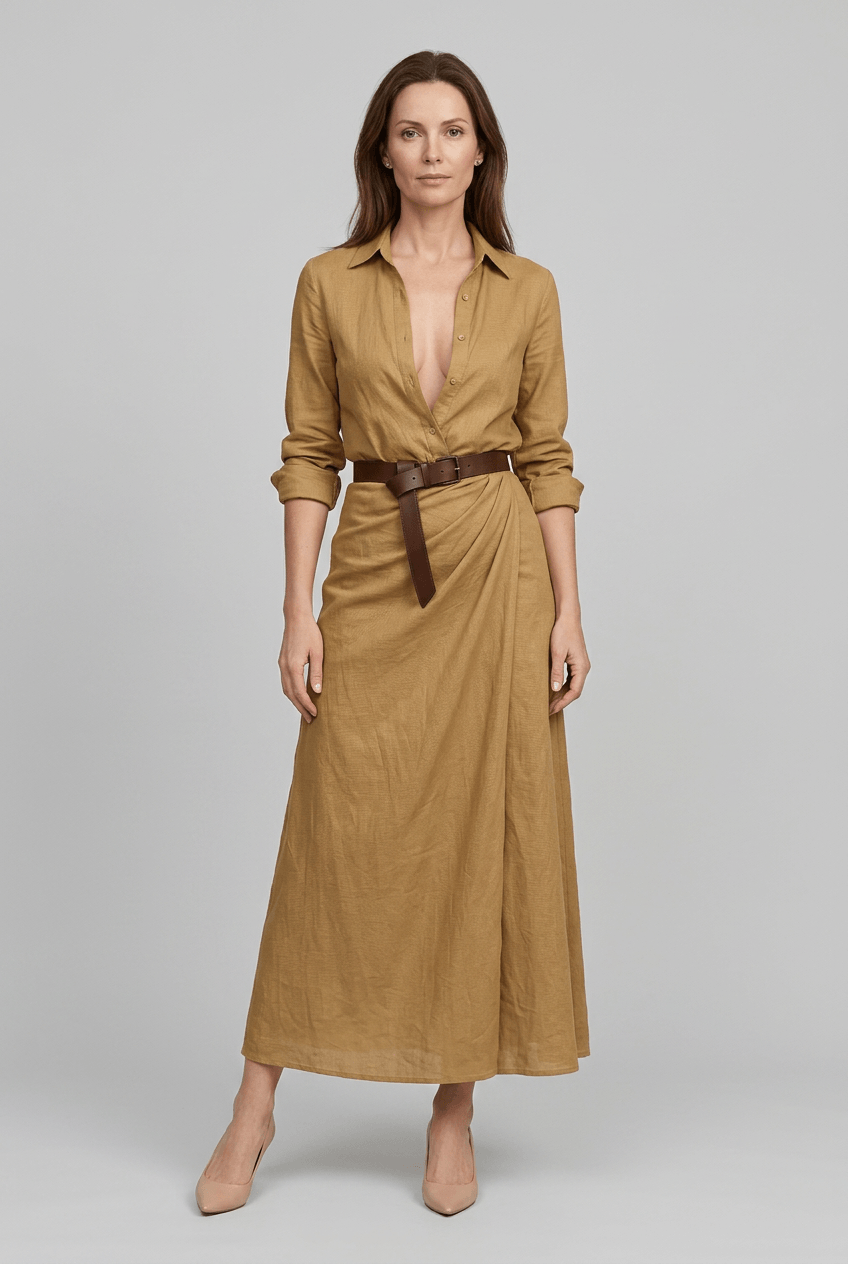 Women's Shirt Dress | Maxi with Draped Skirt & Long Sleeves
