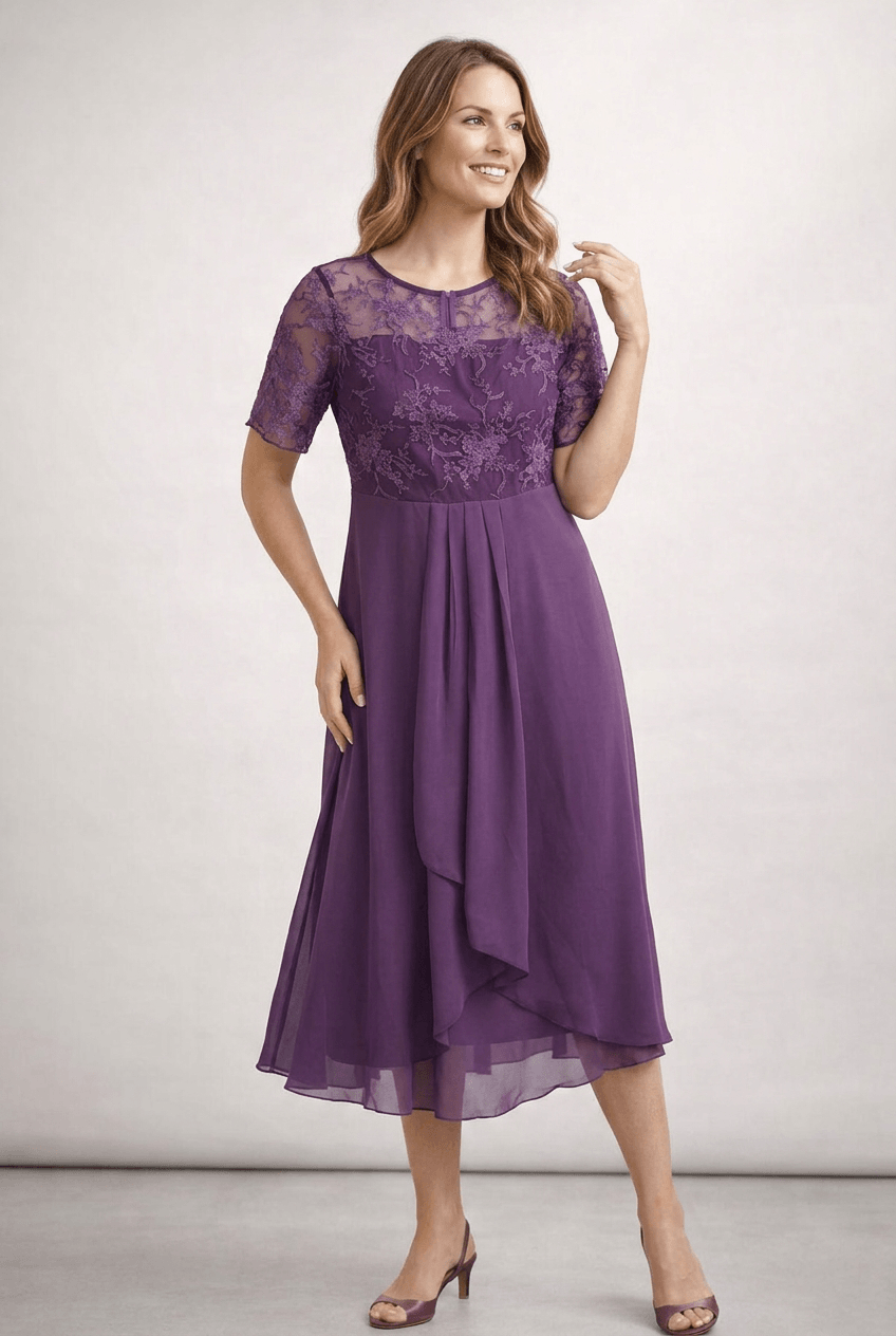 Women's Wedding Guest Dress Midi | Floral Embroidery & Layered Skirt