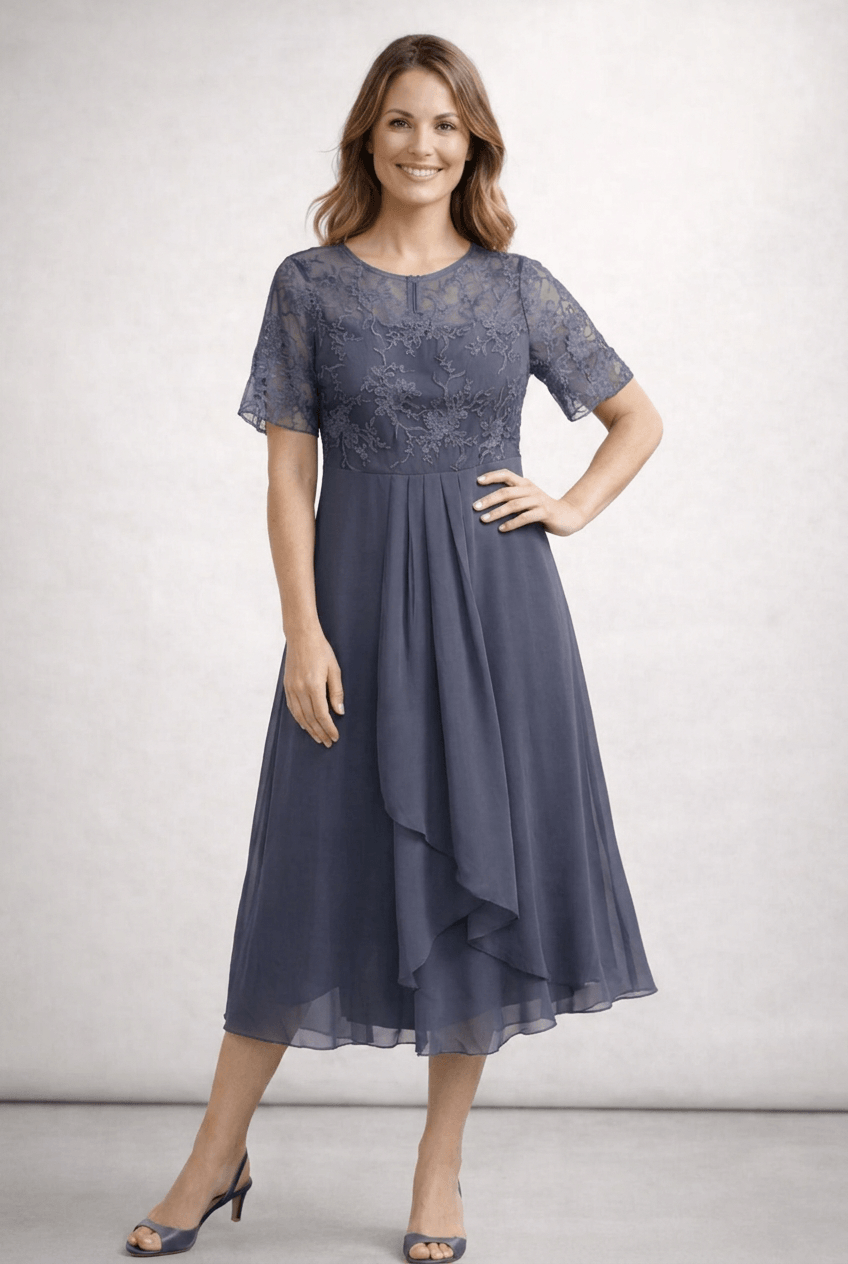 Women's Wedding Guest Dress Midi | Floral Embroidery & Layered Skirt
