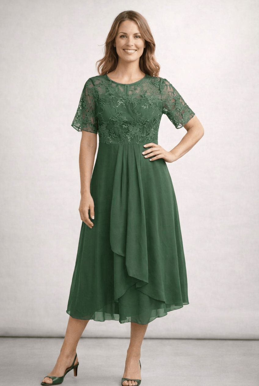 Women's Wedding Guest Dress Midi | Floral Embroidery & Layered Skirt