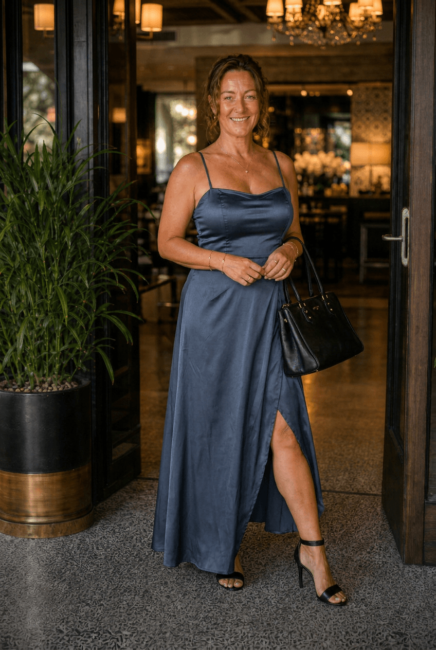 Women's Wedding Guest Dress Maxi | Satin-Look with High Split