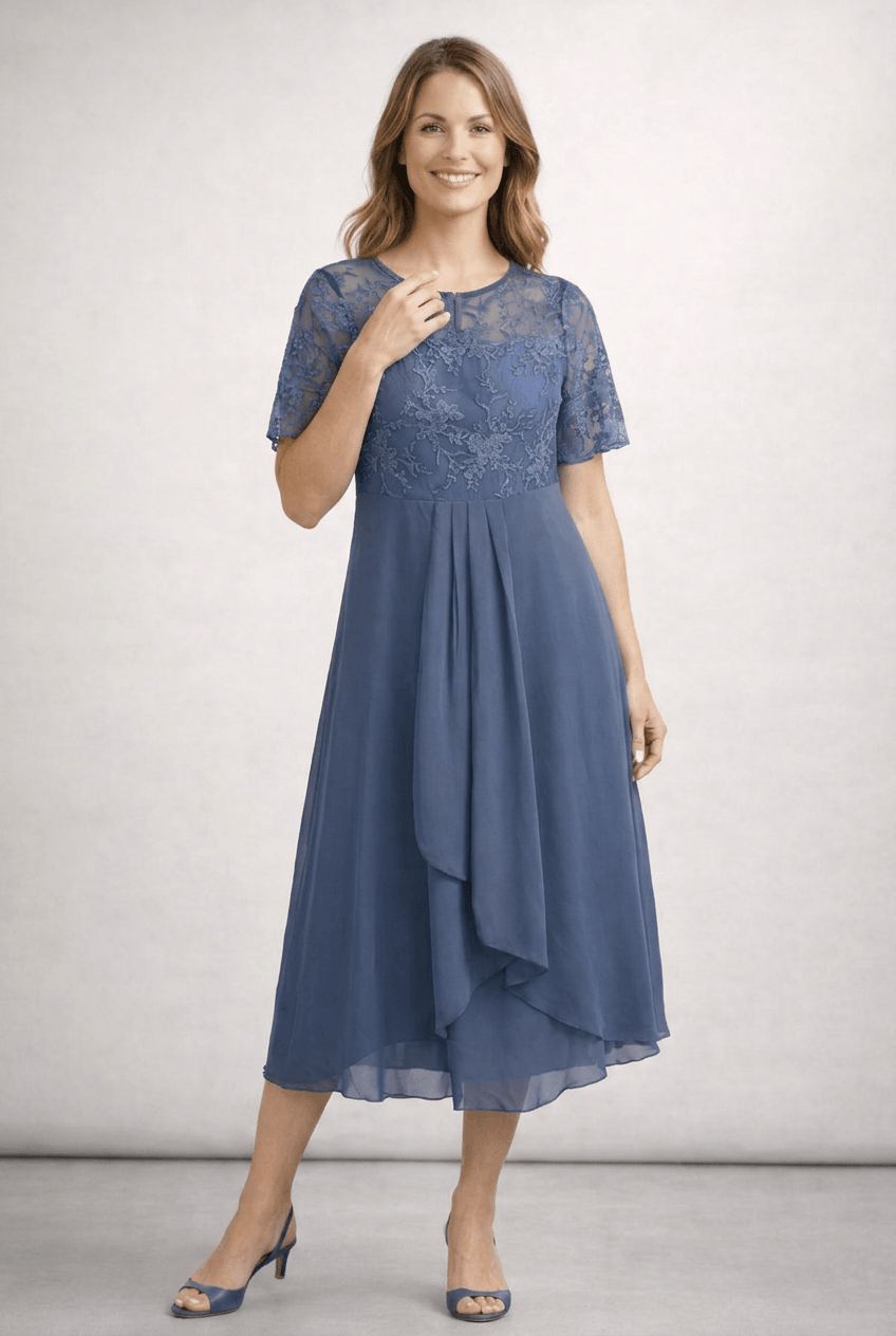 Women's Wedding Guest Dress Midi | Floral Embroidery & Layered Skirt