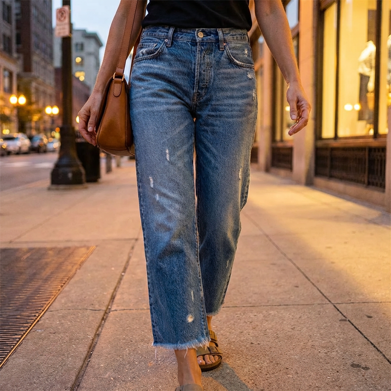 Women's Wide Leg Cropped Jeans | Distressed Detail & Raw Hem